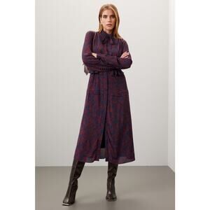 Jason Wu Print Midi Shirt Dress Blue Red Tie Neck Button Front Long Sleeve Sz 14